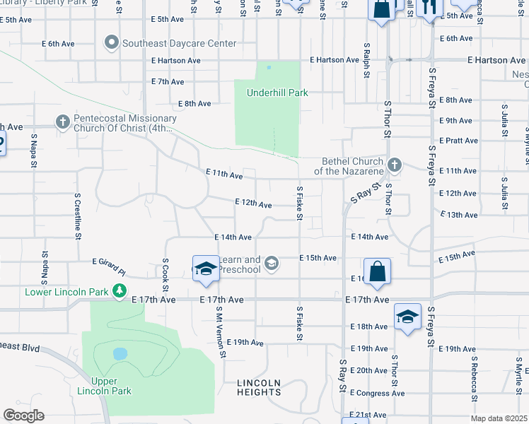 map of restaurants, bars, coffee shops, grocery stores, and more near 2990 East 12th Avenue in Spokane