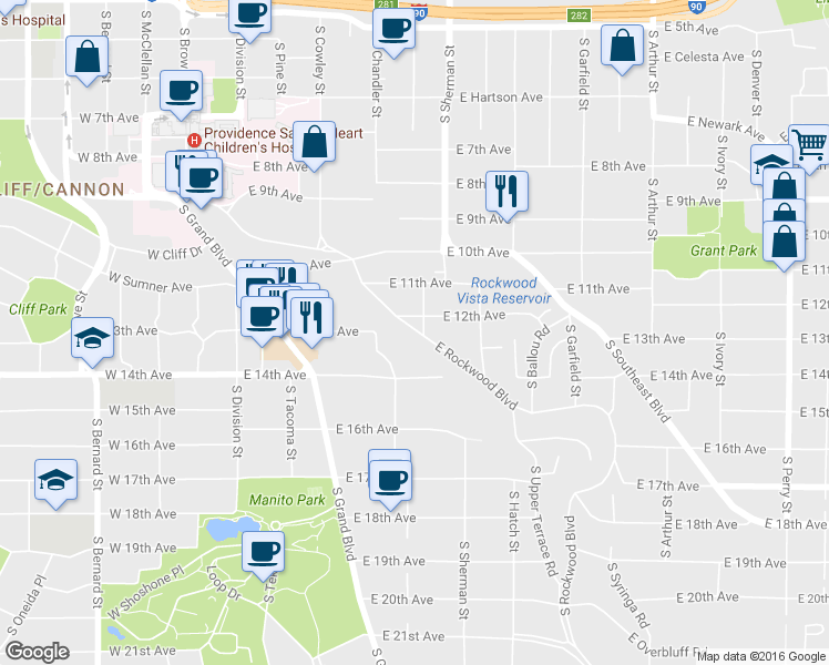 map of restaurants, bars, coffee shops, grocery stores, and more near 416 East Rockwood Boulevard in Spokane