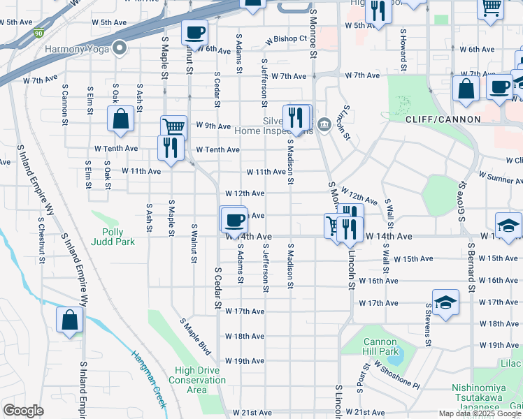 map of restaurants, bars, coffee shops, grocery stores, and more near 1124 West 12th Avenue in Spokane