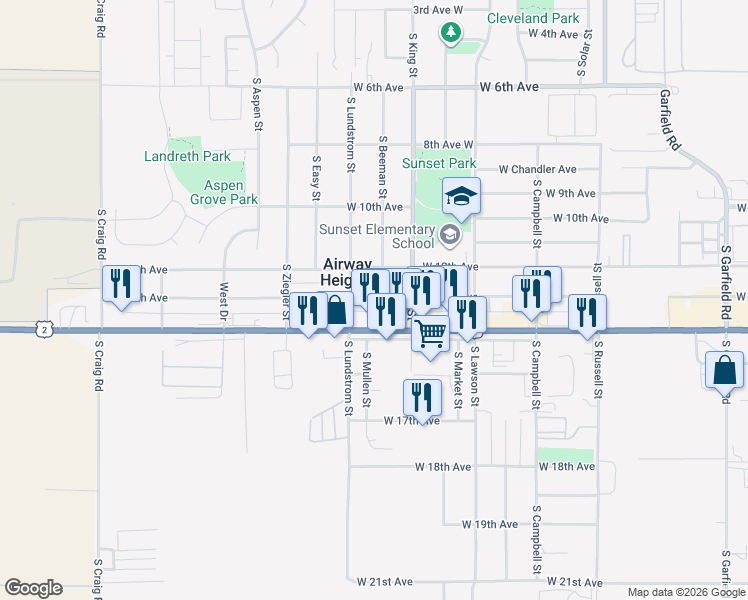 map of restaurants, bars, coffee shops, grocery stores, and more near in Airway Heights