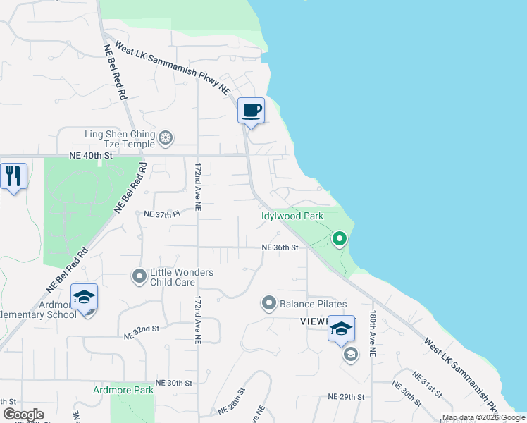map of restaurants, bars, coffee shops, grocery stores, and more near 3836 West Lake Sammamish Parkway Northeast in Redmond