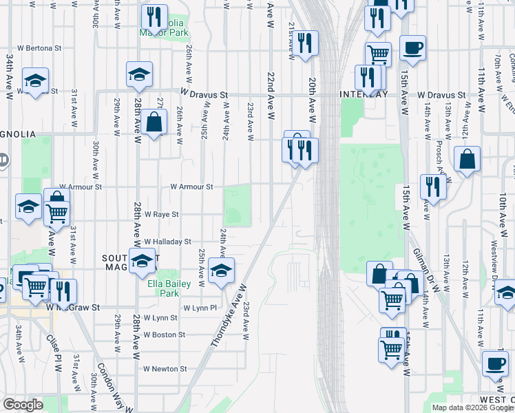 map of restaurants, bars, coffee shops, grocery stores, and more near 2653 22nd Avenue West in Seattle