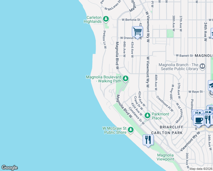 map of restaurants, bars, coffee shops, grocery stores, and more near 2640 Perkins Lane West in Seattle