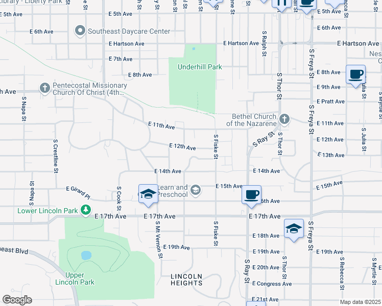 map of restaurants, bars, coffee shops, grocery stores, and more near 2990 East 12th Avenue in Spokane