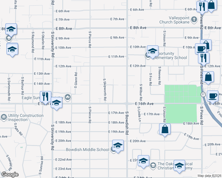 map of restaurants, bars, coffee shops, grocery stores, and more near 1321 South Skipworth Road in Spokane Valley