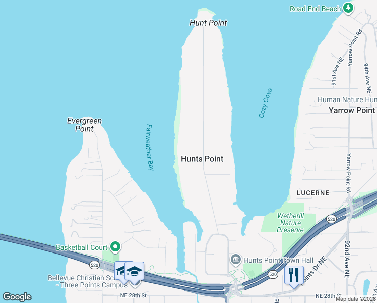 map of restaurants, bars, coffee shops, grocery stores, and more near 3645 Hunts Point Road in Hunts Point