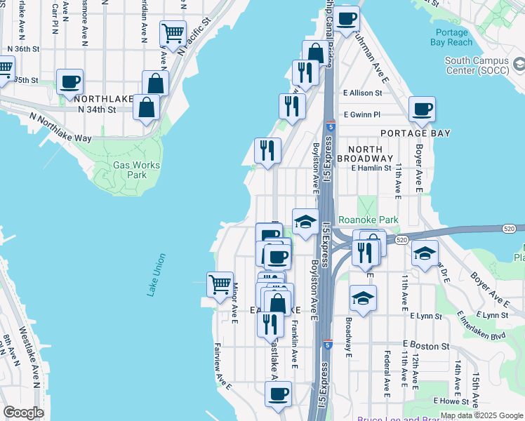 map of restaurants, bars, coffee shops, grocery stores, and more near 2623 Yale Terrace East in Seattle