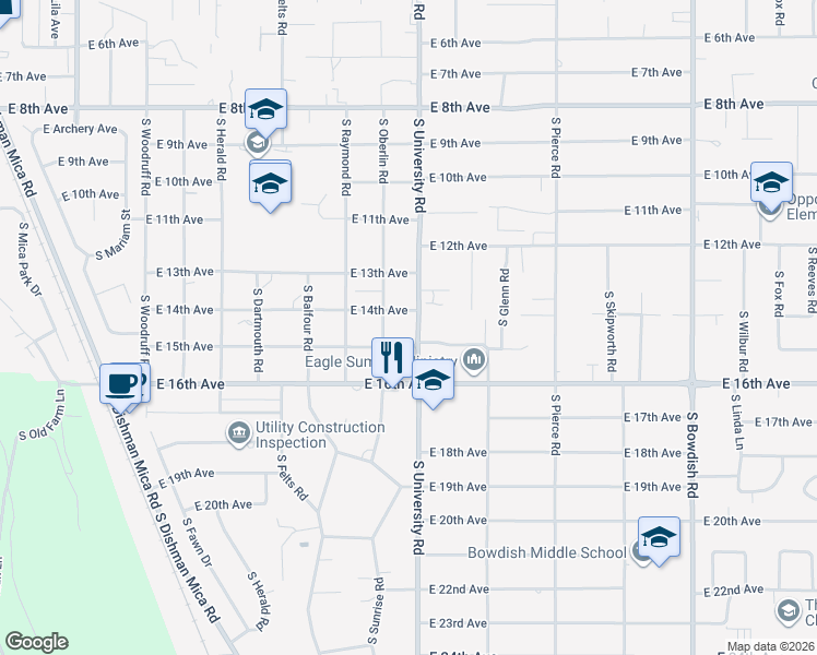 map of restaurants, bars, coffee shops, grocery stores, and more near 1309 South Oberlin Road in Spokane Valley