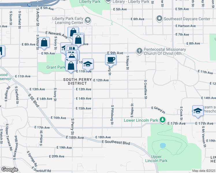 map of restaurants, bars, coffee shops, grocery stores, and more near 1712 East 12th Avenue in Spokane