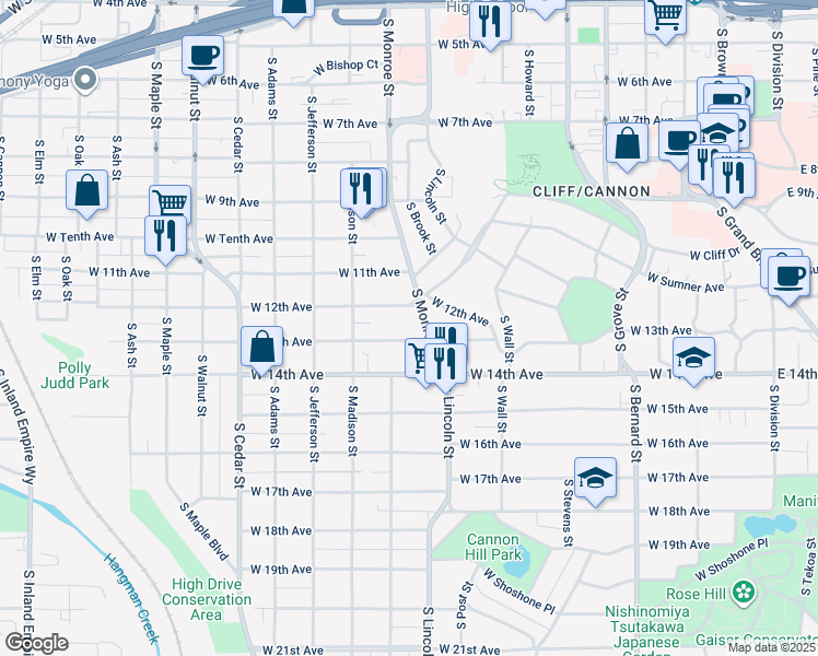 map of restaurants, bars, coffee shops, grocery stores, and more near 913 West 12th Avenue in Spokane
