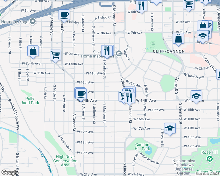 map of restaurants, bars, coffee shops, grocery stores, and more near 1036 West 12th Avenue in Spokane