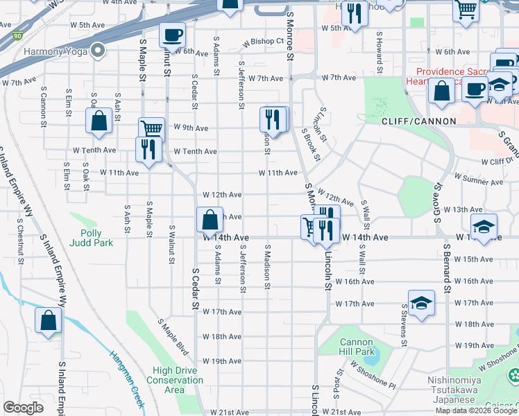 map of restaurants, bars, coffee shops, grocery stores, and more near 1124 West 12th Avenue in Spokane