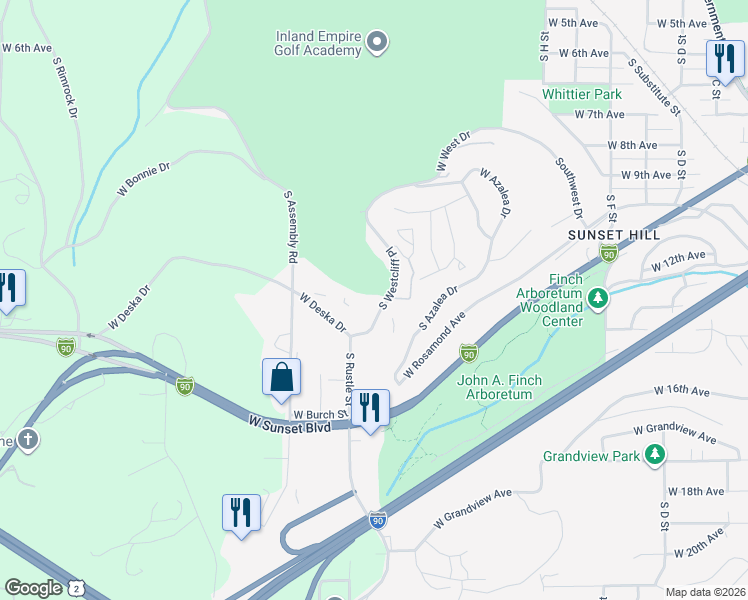 map of restaurants, bars, coffee shops, grocery stores, and more near 1314 South Westcliff Place in Spokane