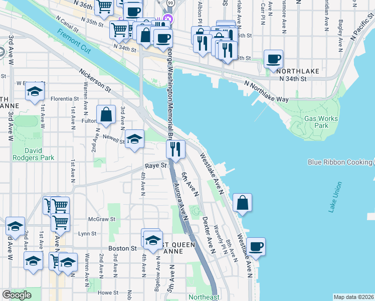 map of restaurants, bars, coffee shops, grocery stores, and more near 2738 Westlake Avenue North in Seattle