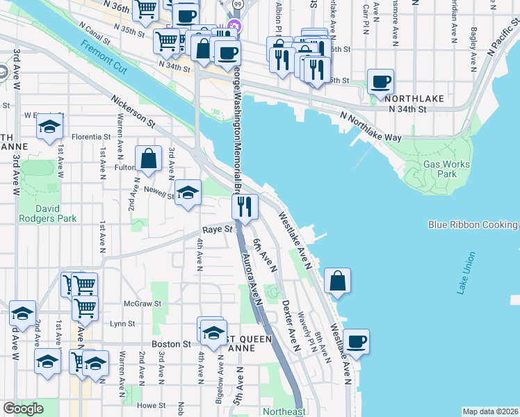 map of restaurants, bars, coffee shops, grocery stores, and more near 2738 Westlake Avenue North in Seattle