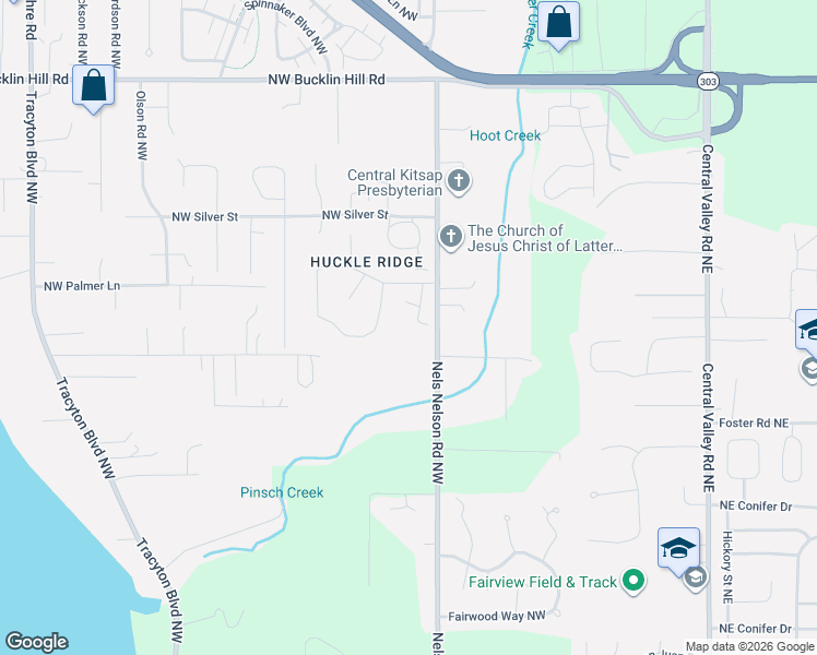 map of restaurants, bars, coffee shops, grocery stores, and more near 1390 Northwest Huckle Drive in Bremerton