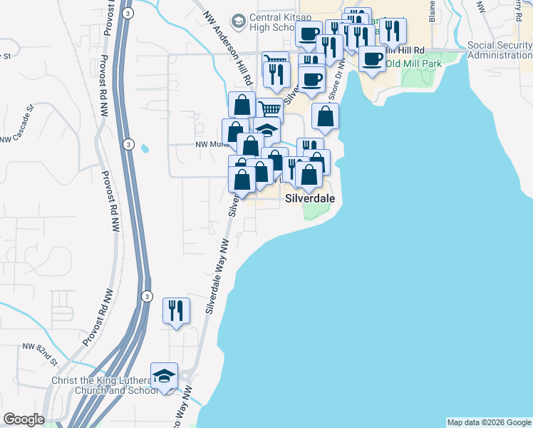 map of restaurants, bars, coffee shops, grocery stores, and more near 3489 Northwest Byron Street in Silverdale