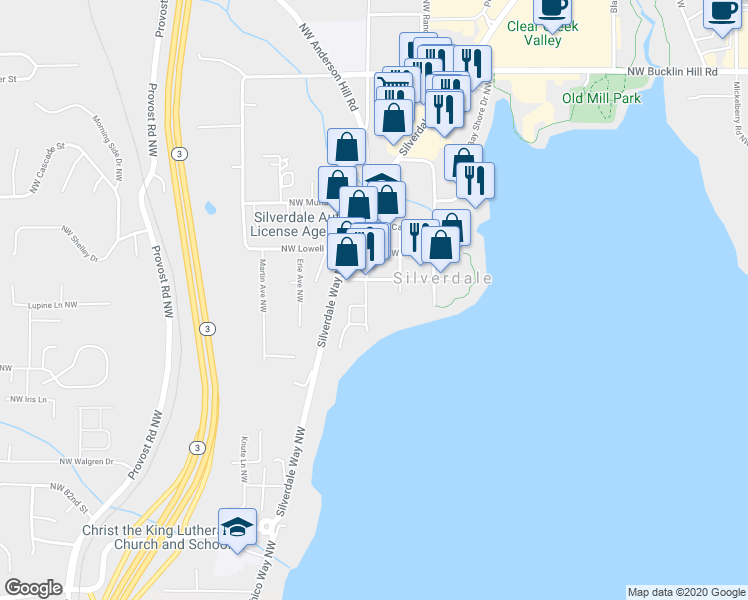 map of restaurants, bars, coffee shops, grocery stores, and more near 3607 Northwest Byron Street in Silverdale