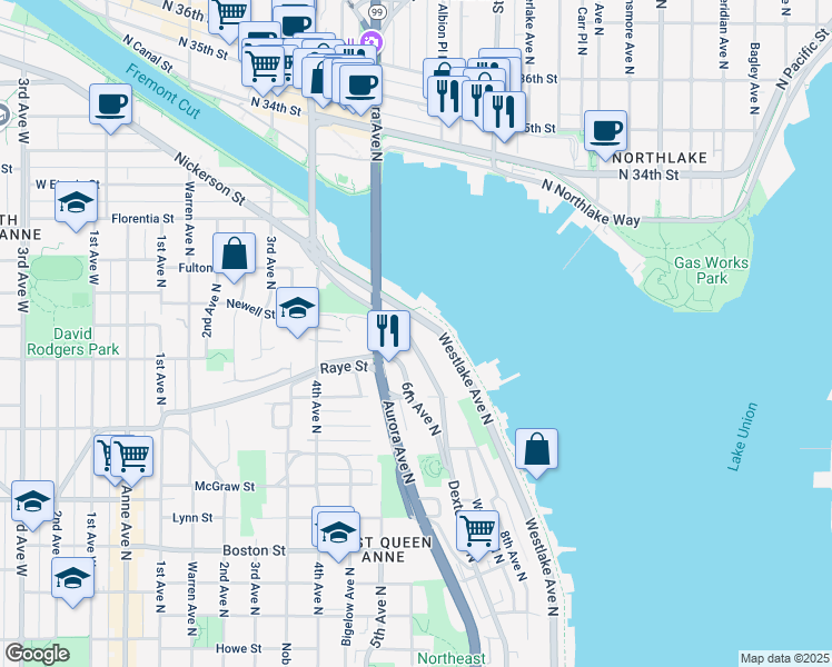 map of restaurants, bars, coffee shops, grocery stores, and more near 2738 Westlake Avenue North in Seattle