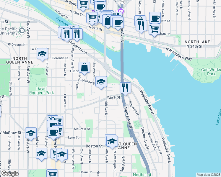 map of restaurants, bars, coffee shops, grocery stores, and more near 2626 4th Avenue North in Seattle