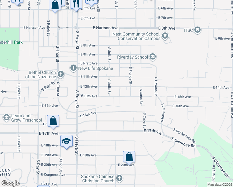 map of restaurants, bars, coffee shops, grocery stores, and more near 3912 East 12th Avenue in Spokane