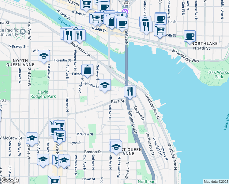 map of restaurants, bars, coffee shops, grocery stores, and more near 2626 4th Avenue North in Seattle