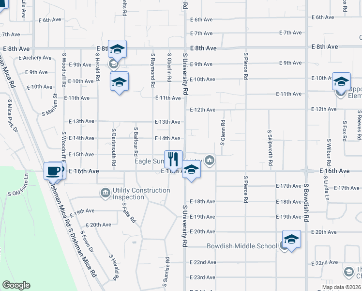 map of restaurants, bars, coffee shops, grocery stores, and more near 1309 South Oberlin Road in Spokane Valley