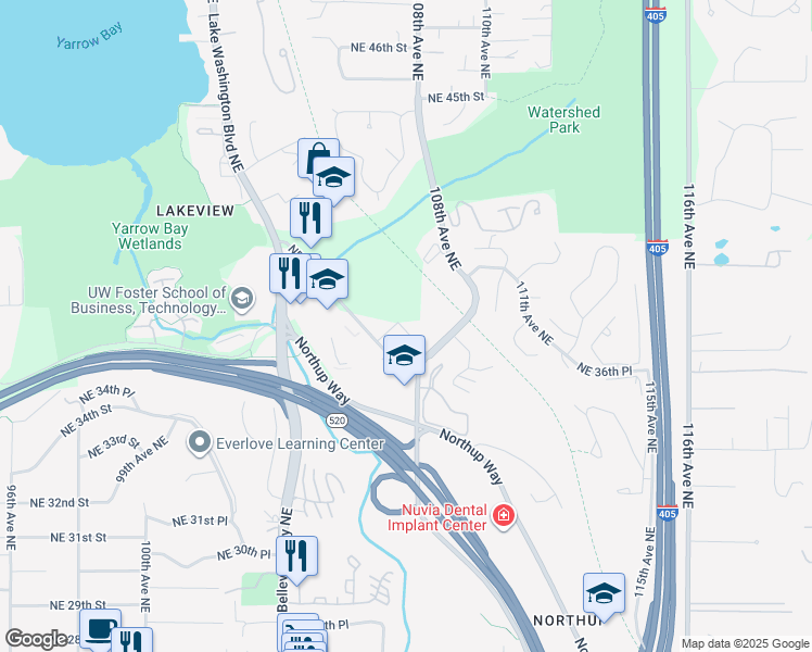 map of restaurants, bars, coffee shops, grocery stores, and more near 10604 Northeast 38th Place in Kirkland