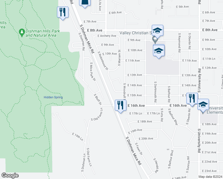 map of restaurants, bars, coffee shops, grocery stores, and more near 1320 South Robinhood Street in Spokane Valley
