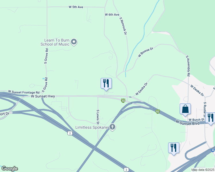 map of restaurants, bars, coffee shops, grocery stores, and more near 5314 West Sunset Highway in Spokane