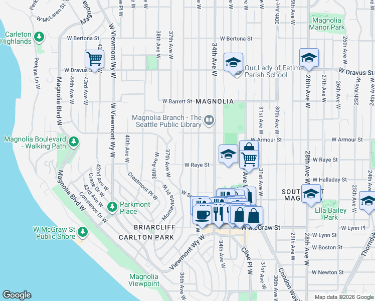 map of restaurants, bars, coffee shops, grocery stores, and more near 2628 36th Avenue West in Seattle