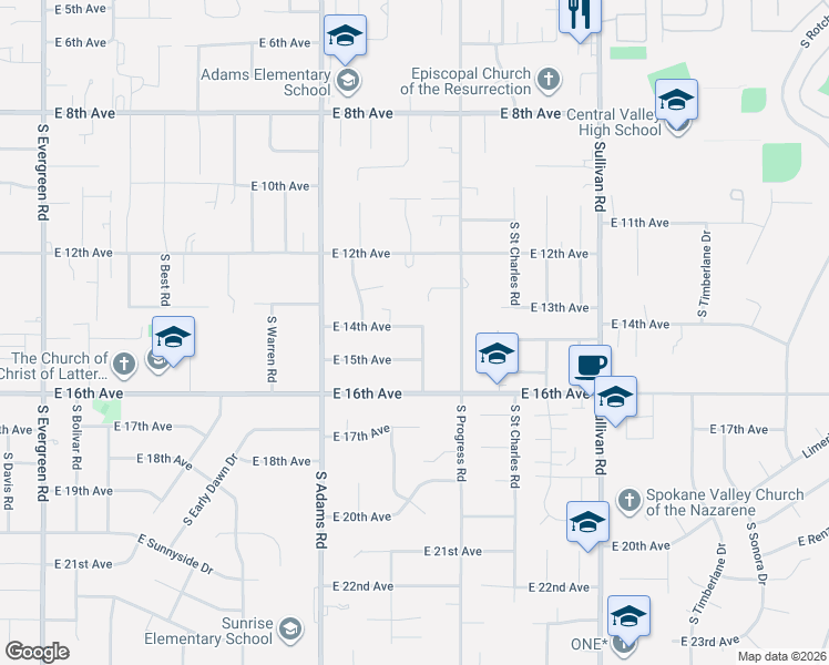 map of restaurants, bars, coffee shops, grocery stores, and more near 14925 East 14th Avenue in Spokane Valley