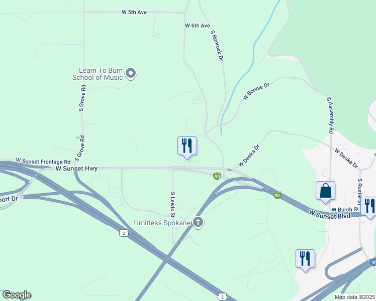 map of restaurants, bars, coffee shops, grocery stores, and more near 5314 West Sunset Highway in Spokane