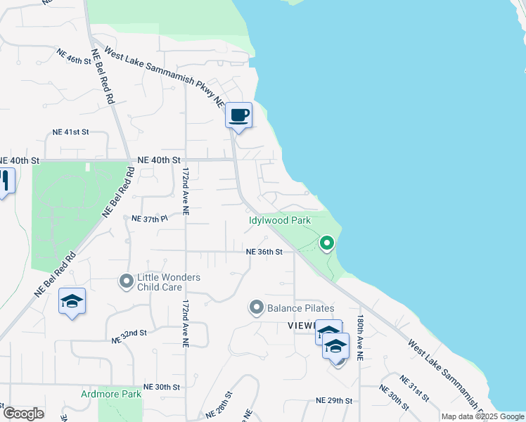 map of restaurants, bars, coffee shops, grocery stores, and more near 3834 175th Avenue Northeast in Redmond