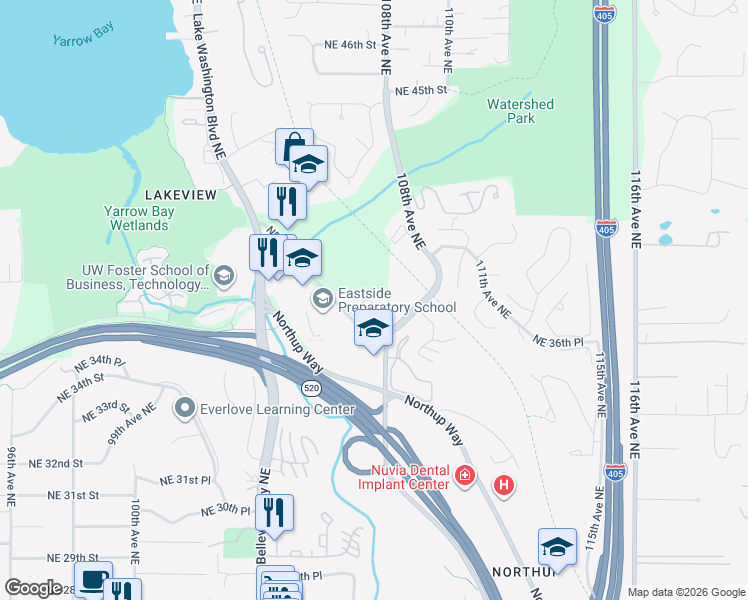 map of restaurants, bars, coffee shops, grocery stores, and more near 10604 Northeast 38th Place in Kirkland