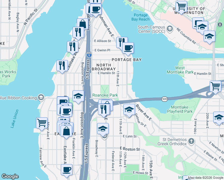 map of restaurants, bars, coffee shops, grocery stores, and more near 2701 11th Avenue East in Seattle
