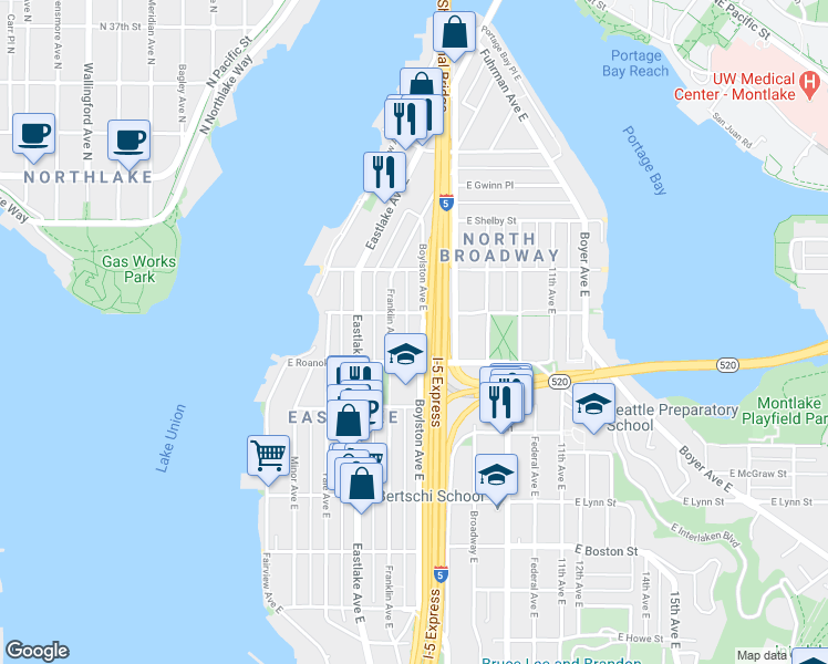 map of restaurants, bars, coffee shops, grocery stores, and more near 2637 Boylston Avenue East in Seattle