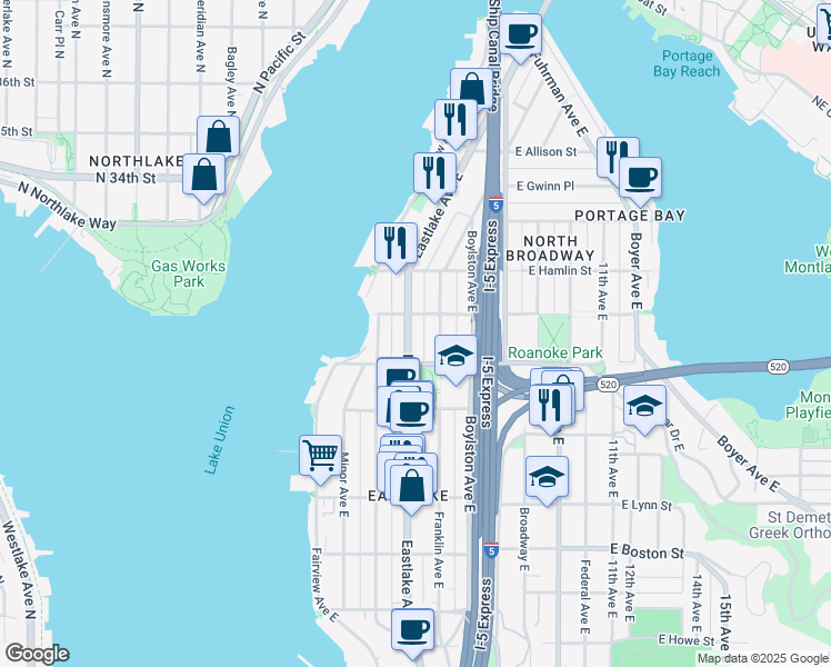 map of restaurants, bars, coffee shops, grocery stores, and more near 217 East Edgar Street in Seattle