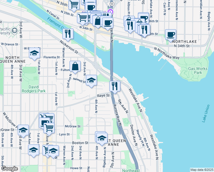 map of restaurants, bars, coffee shops, grocery stores, and more near 2717 Dexter Avenue North in Seattle