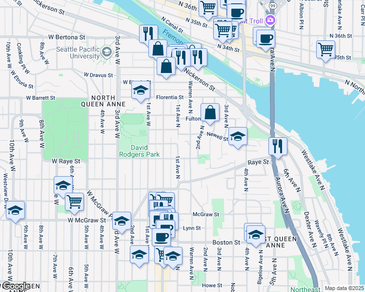 map of restaurants, bars, coffee shops, grocery stores, and more near 109 Newell Street in Seattle