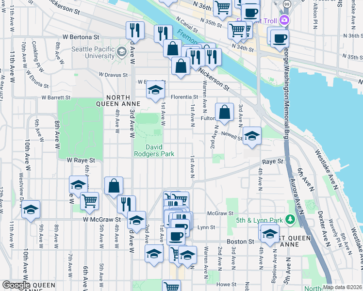 map of restaurants, bars, coffee shops, grocery stores, and more near 2710 Queen Anne Avenue North in Seattle