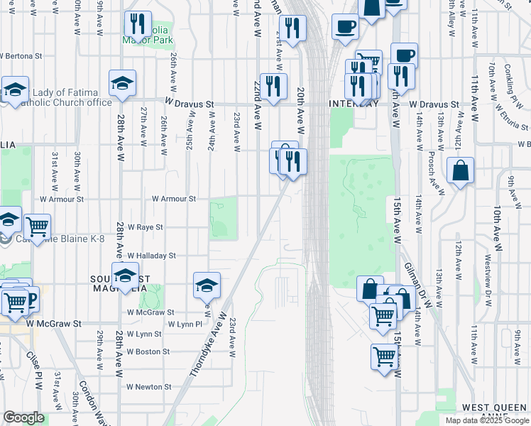 map of restaurants, bars, coffee shops, grocery stores, and more near 2636 22nd Avenue West in Seattle