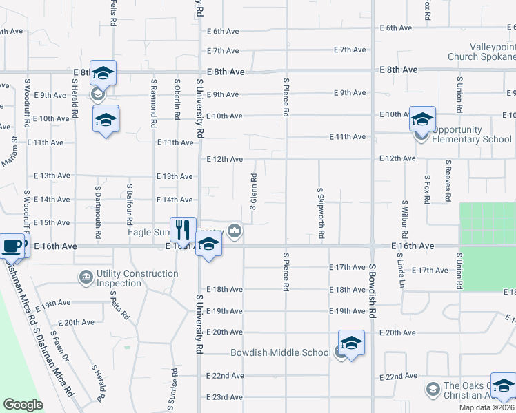 map of restaurants, bars, coffee shops, grocery stores, and more near 1327 South Glenn Road in Spokane Valley