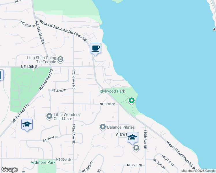 map of restaurants, bars, coffee shops, grocery stores, and more near 17440 Northeast 38th Street in Redmond