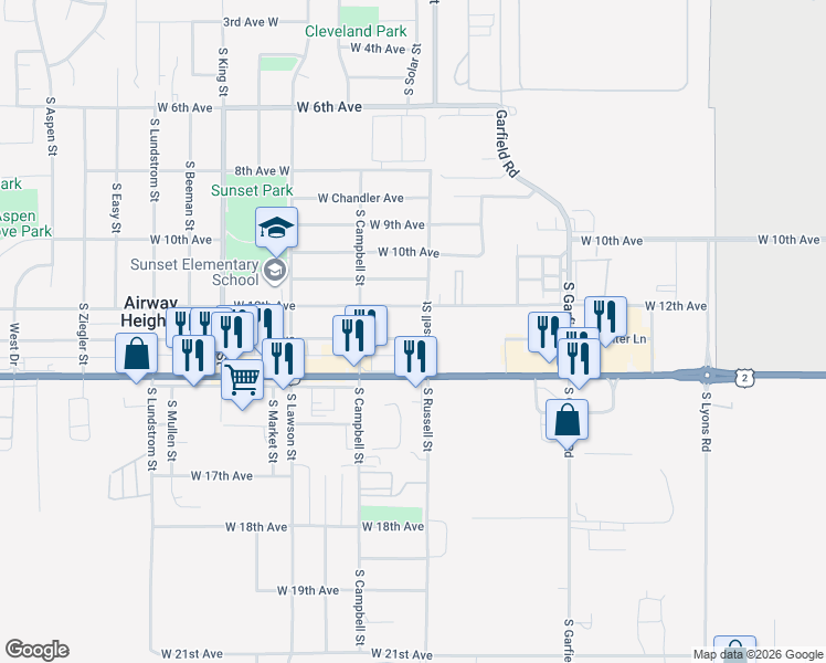 map of restaurants, bars, coffee shops, grocery stores, and more near 12418 West 13th Avenue in Airway Heights