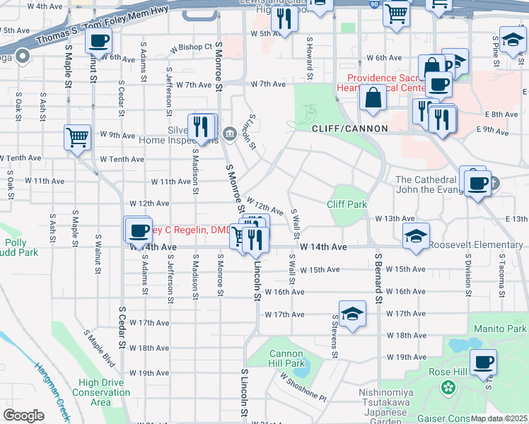 map of restaurants, bars, coffee shops, grocery stores, and more near 744 West 12th Avenue in Spokane