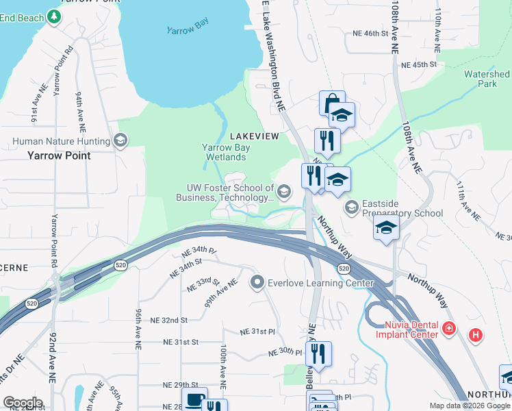 map of restaurants, bars, coffee shops, grocery stores, and more near 10111 Northeast 37th Court in Kirkland