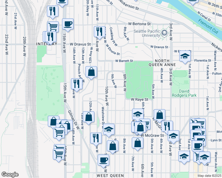 map of restaurants, bars, coffee shops, grocery stores, and more near in Seattle