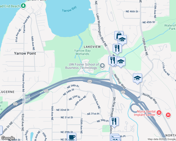 map of restaurants, bars, coffee shops, grocery stores, and more near 3727 101st Way Northeast in Kirkland