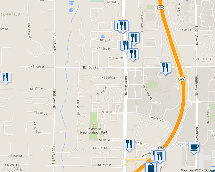 map of restaurants, bars, coffee shops, grocery stores, and more near 14624 Northeast 38th Street in Bellevue